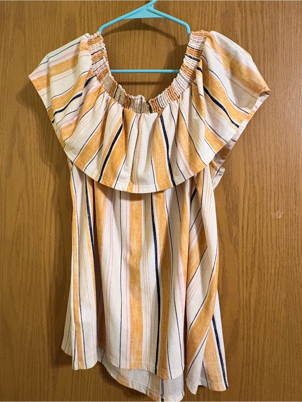 LC Lauren Conrad Cream Off-Shoulder Tunic with Mustard & Navy Stripes